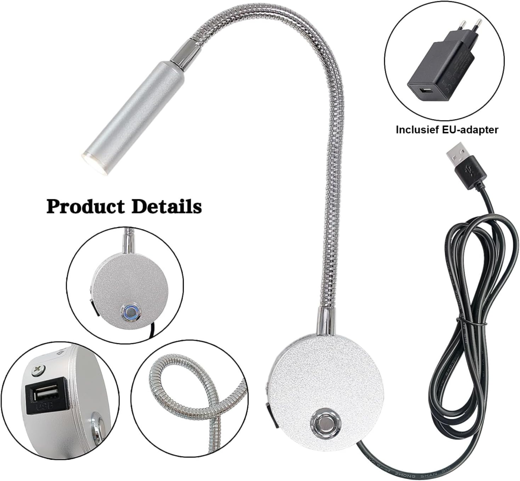 Dimbare leeslamp met flexibele hals voor bed en studeren
