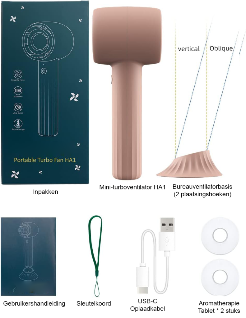 Oplaadbare handventilator met instelbare snelheden en USB-oplaadfunctie