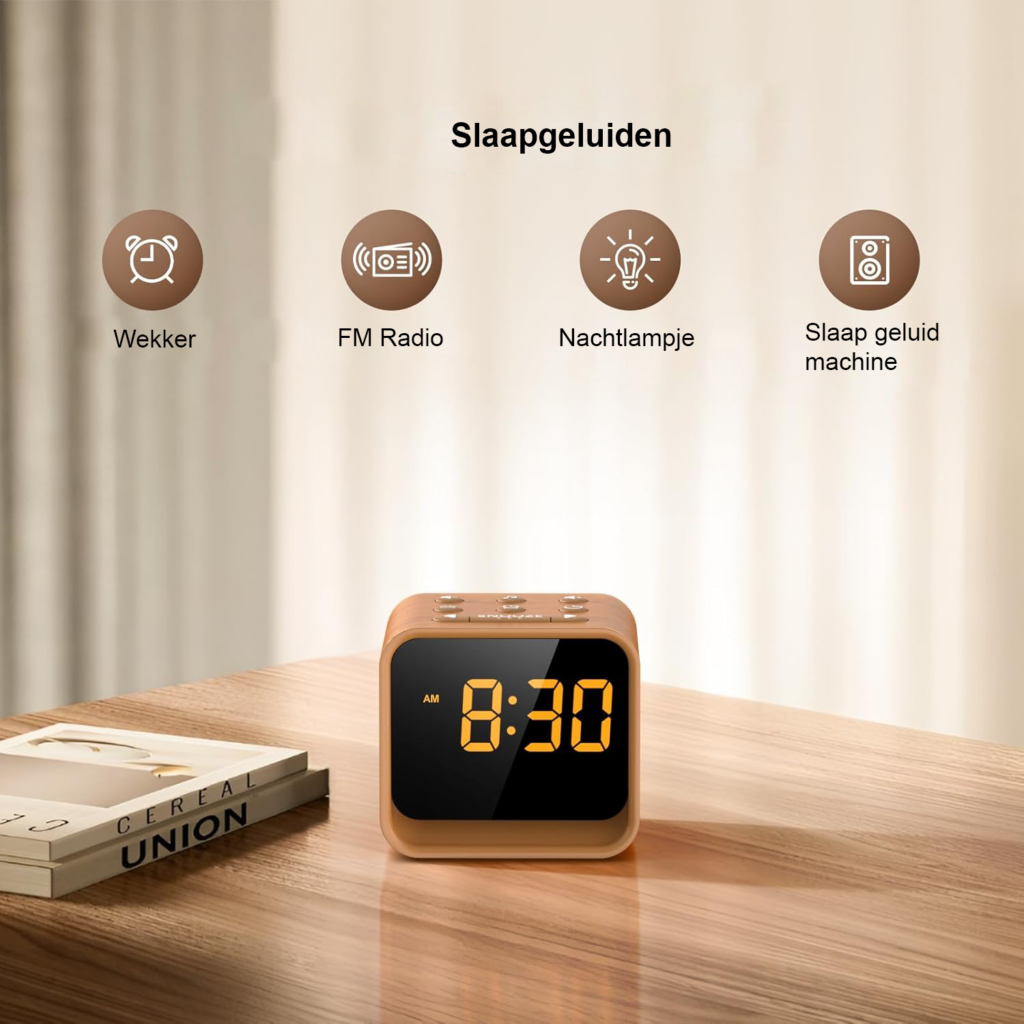 Digitale Alarmklok met Radio - Houten Wekker met White Noise en 9 Alarmgeluiden - Dimbaar Display met 7 Kleuren - FM Radio met Slaaptimer en Snooze