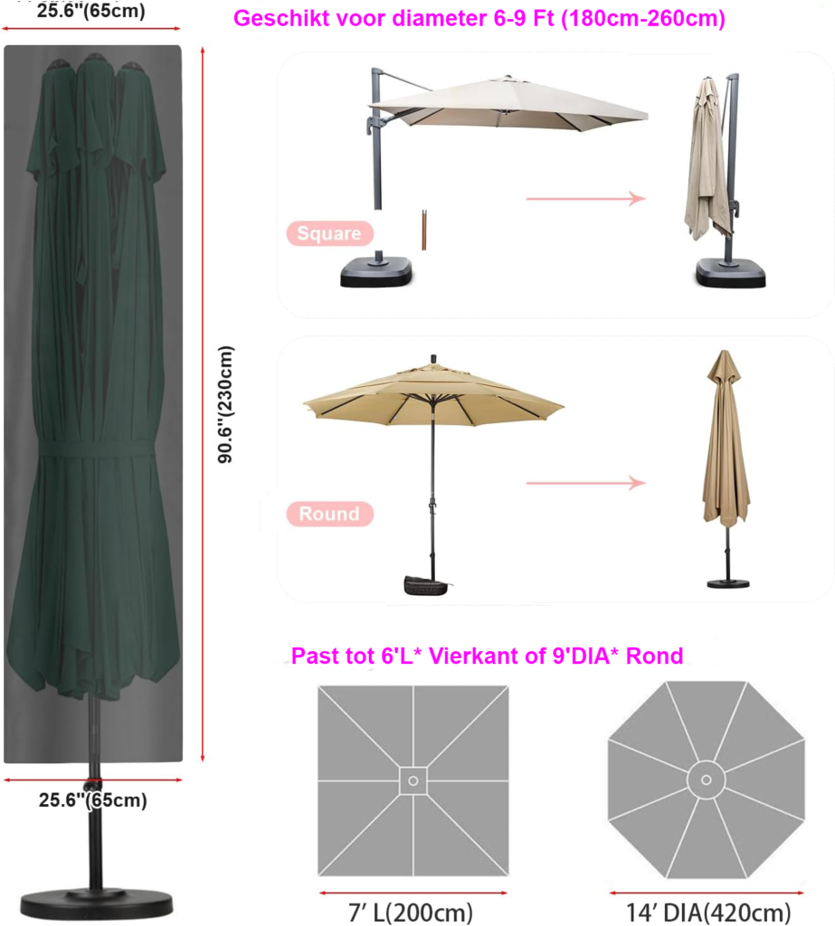 Zweefparasol beschermhoes 230 x 65/65 cm, weerbestendige hoes voor staande parasol