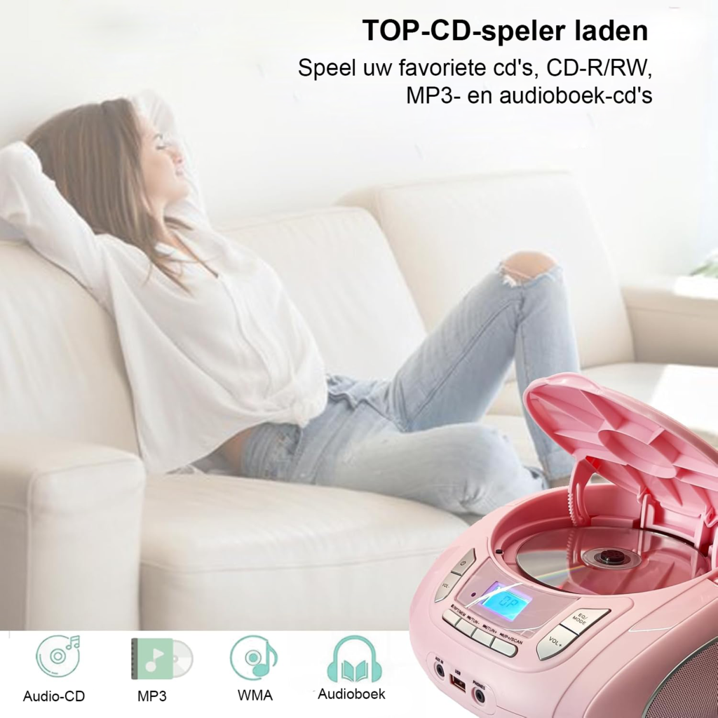 Draagbare roze CD-speler met Bluetooth, FM-radio, USB en AUX-aansluiting