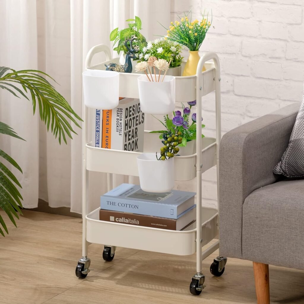Marineblauwe opbergwagen met 3 planken en wielen, 60 x 30 x 80 cm, voor keuken, badkamer en kantoor