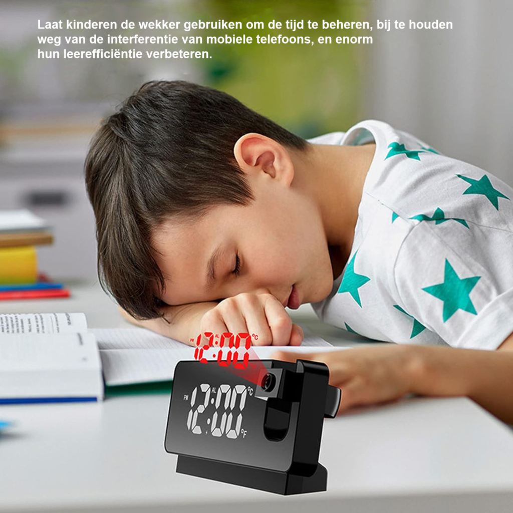 Wekkerradio met plafondprojectie en digitale klok, 180° draaibare projector, thermometer en instelbare helderheid
