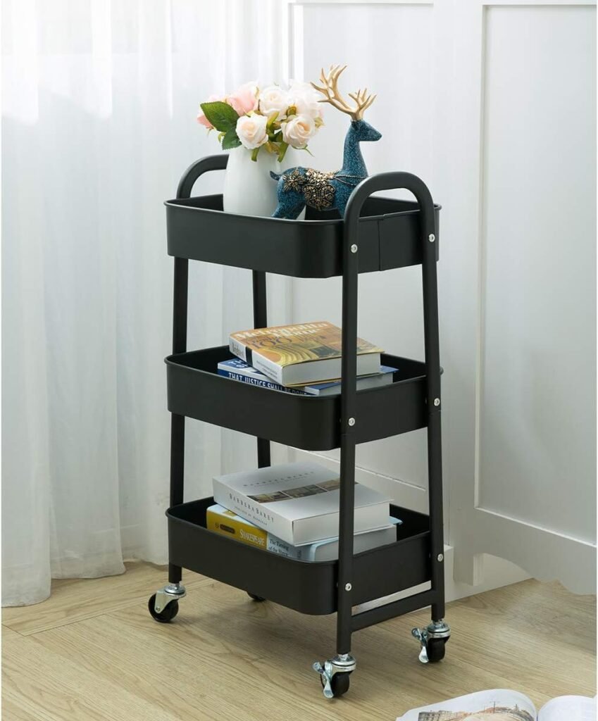 Opbergwagen 3 planken met wielen marineblauw 60 x 30 x 80 cm