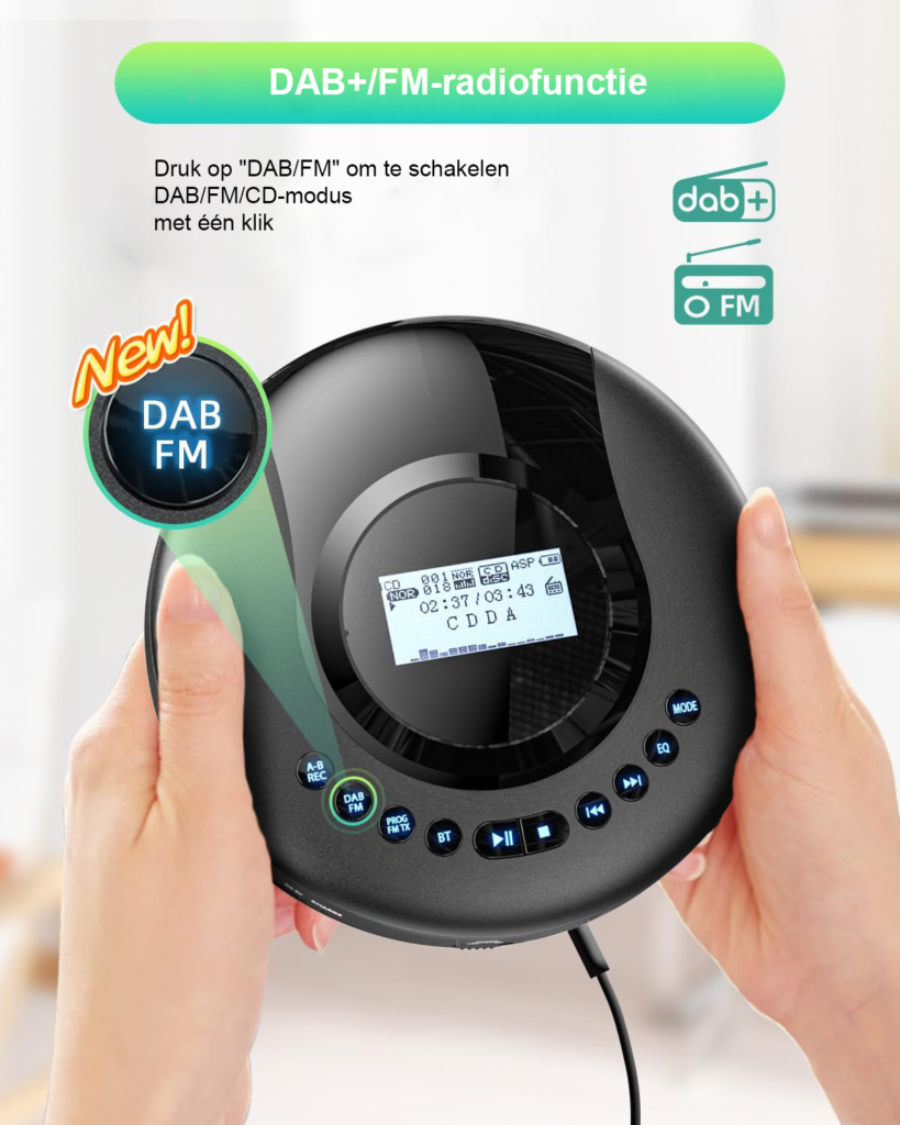 Draagbare CD-speler met DAB/FM-radio - Bluetooth Discman met Audioboekfunctie - Anti-schokbescherming - 2000mAh Batterij