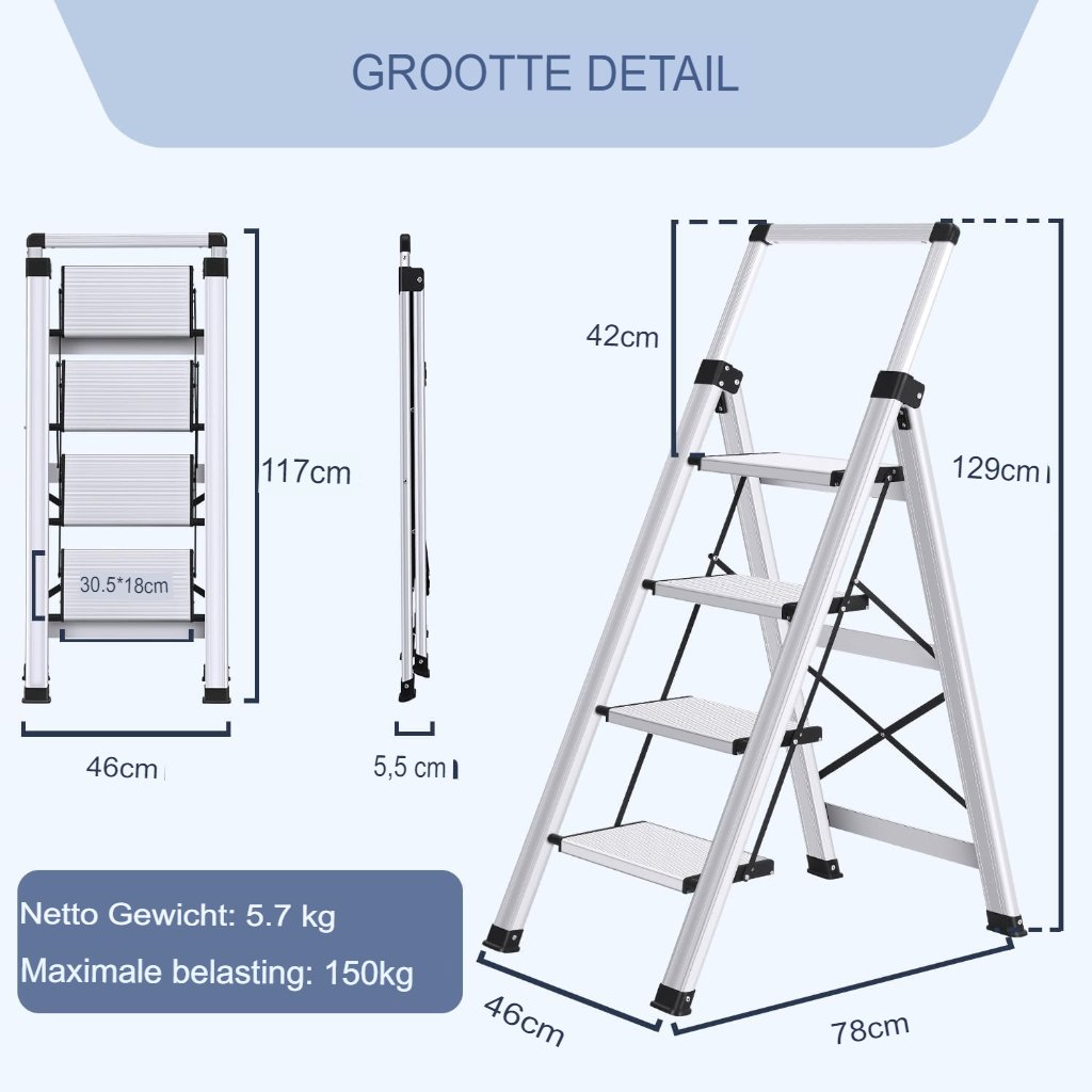 Telescopische aluminium stepladder met antislip treden, 4 treden en draagvermogen tot 150 kg