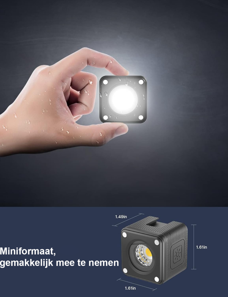 Compacte LED videolamp IP68 met 800mAh accu en 4 helderheidsniveaus voor GoPro, DJI Osmo, actiecamera en drone