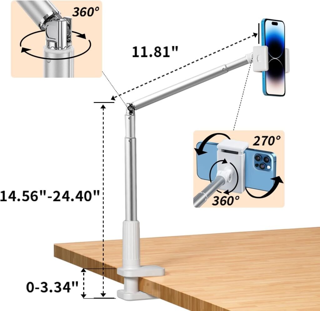Telefoonhouder met LED-ringlicht en scharnierende arm voor smartphone, flexibel statief voor handsfree gebruik