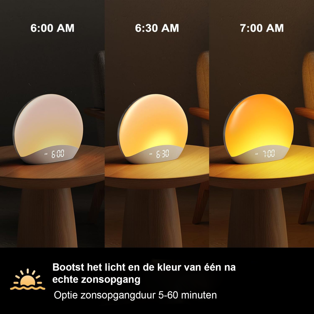 Lichtwekker met 7-kleuren nachtlamp, 3 alarmgeluiden en 20 natuurlijke slaapliedjes voor kinderen en volwassenen