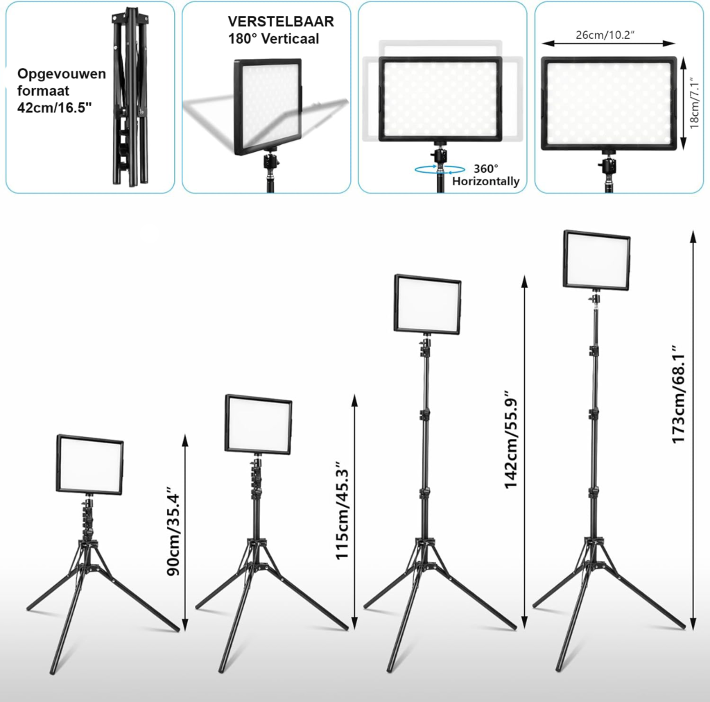 2x LED videolampenset met dimbare continuverlichting en verstelbaar statief tot 173 cm