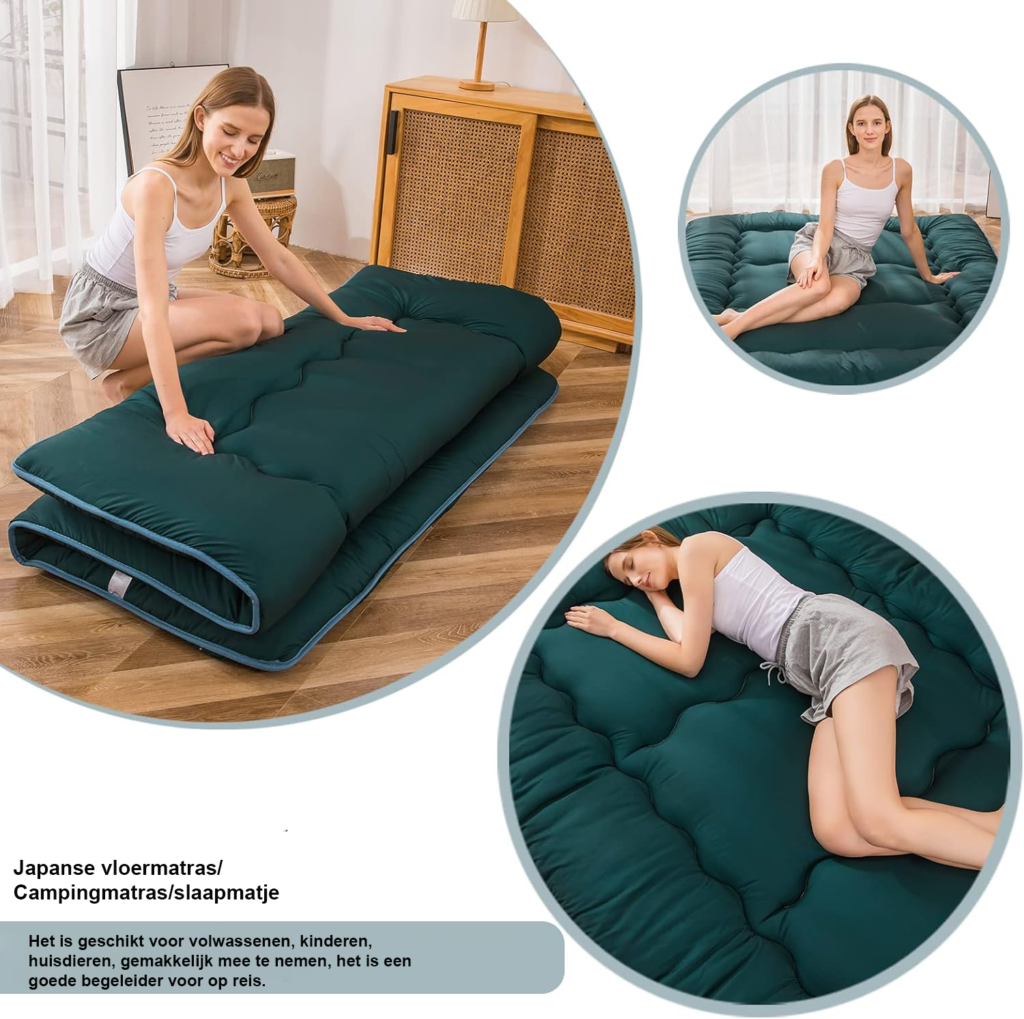 Gequilte futon matras extra dik lichtgroen single - opvouwbare Japanse slaapmat voor logeren en camping