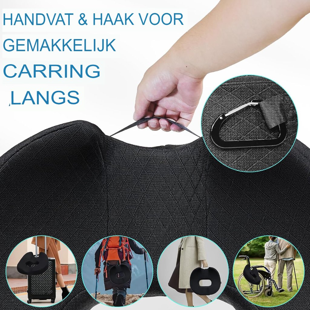 Ergonomisch zwart zitkussen voor stuitbeen van traagschuim voor bureaustoel en autostoel