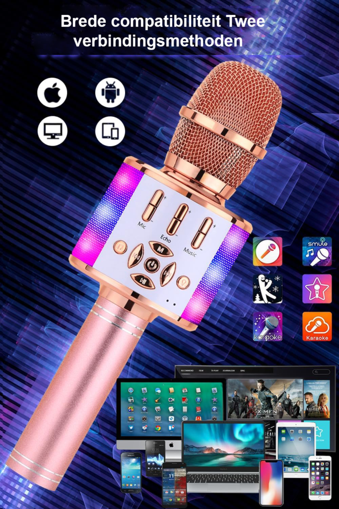 Bluetooth karaoke microfoon met LED-verlichting en ingebouwde speakers voor smartphones en tablets