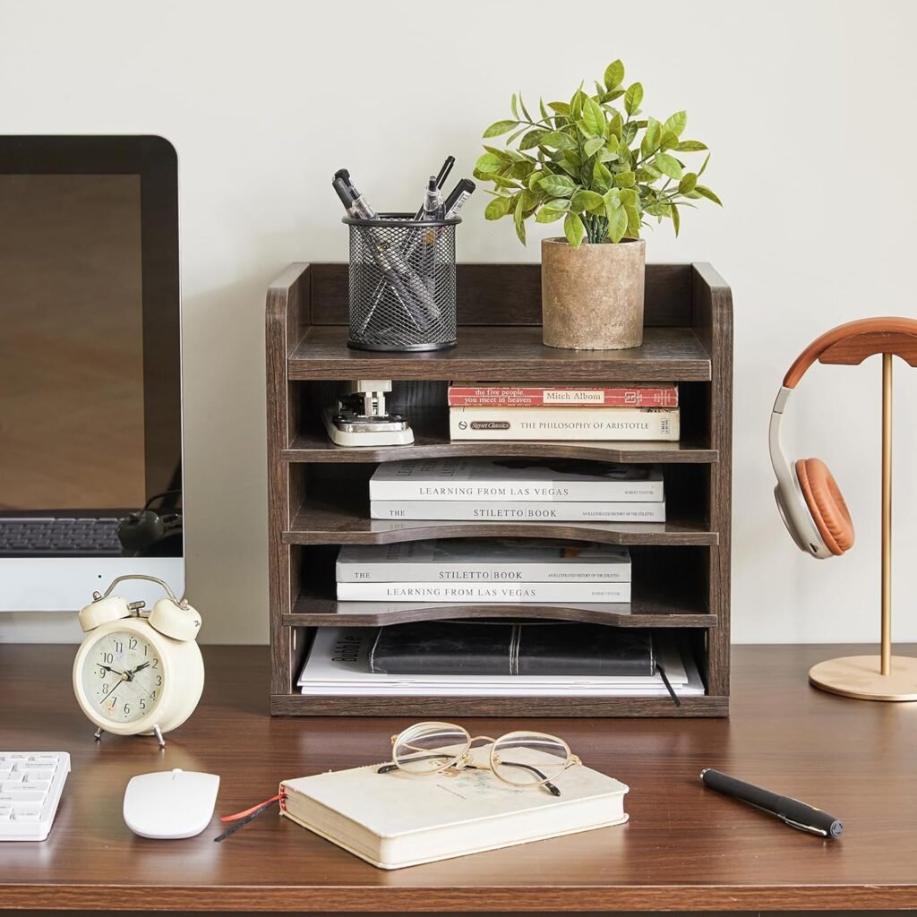 Houten bureau organizer met verwijderbare planken voor A4 documenten en boeken, grijs, 34 x 23 x 31,5 cm