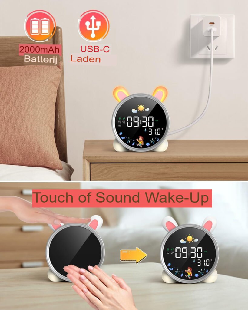 Kinderwekker met slaaptrainer, snooze-functie en instelbare helderheid, batterijvoeding