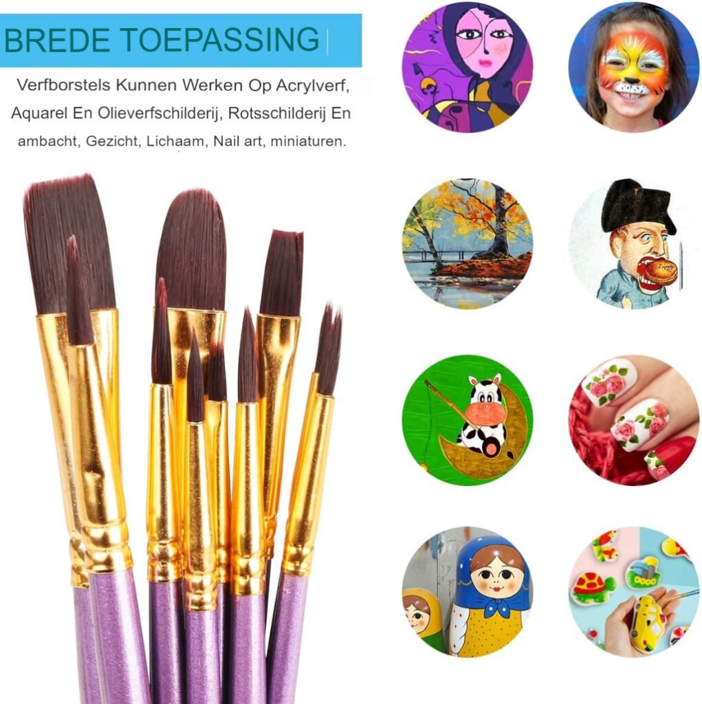 10-delige schilderpenselen set voor aquarel en acrylverf met houten handvatten