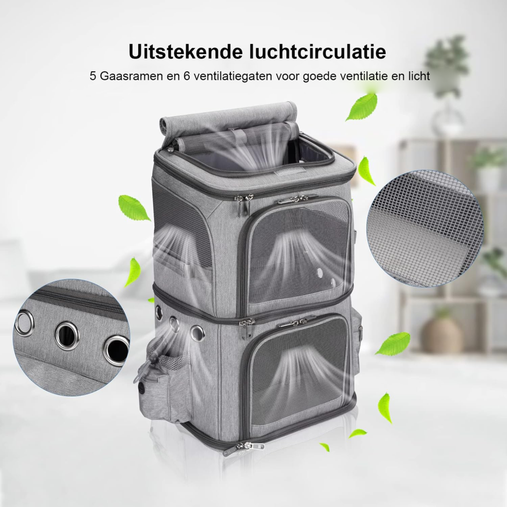 Kattenrugzak met dubbel compartiment, ademend en verstelbare banden, zwart design