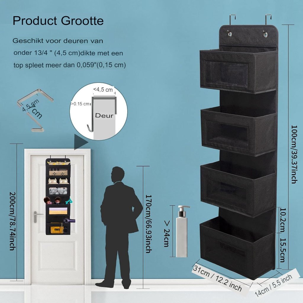 Hangende organizer voor babykamer en badkamer met compartimenten, grijs textiel