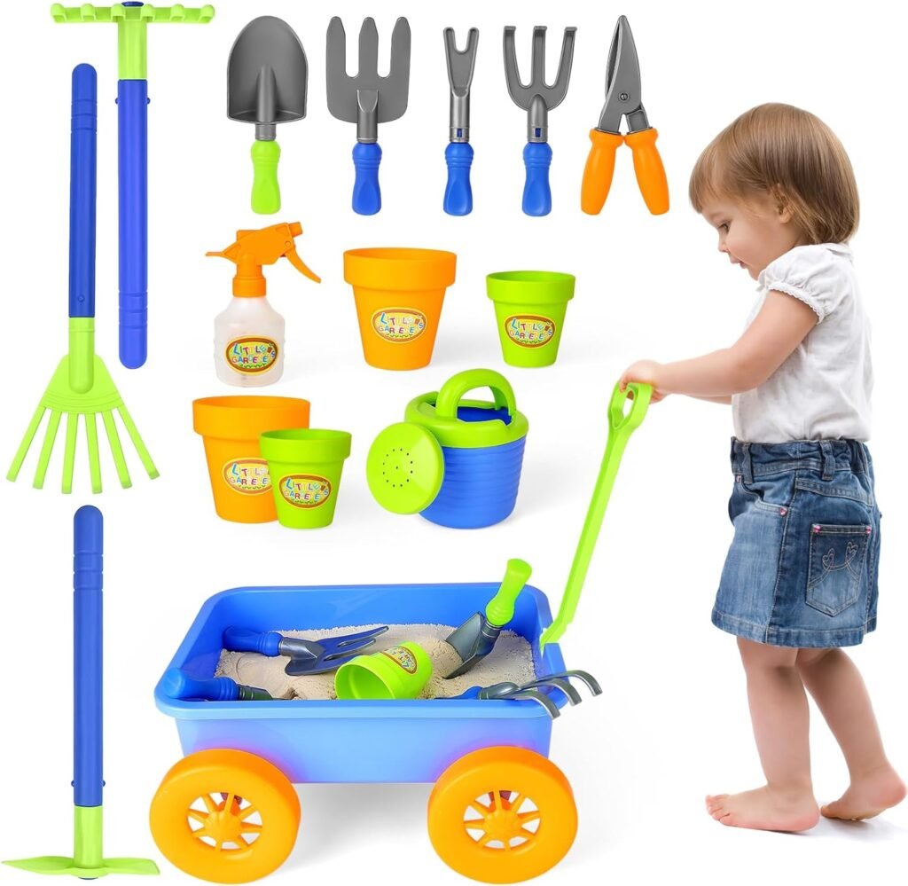 Kinderkruiwagen speelset met tuingereedschap, 10 accessoires en 4 plantenpotten voor kinderen