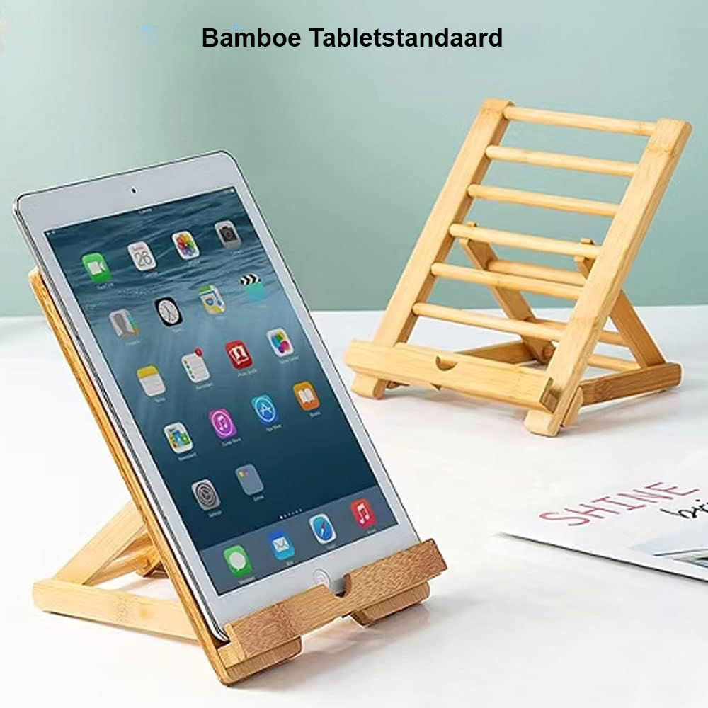 Houten bamboe tablet- en telefoonstandaard voor bureau, groot formaat