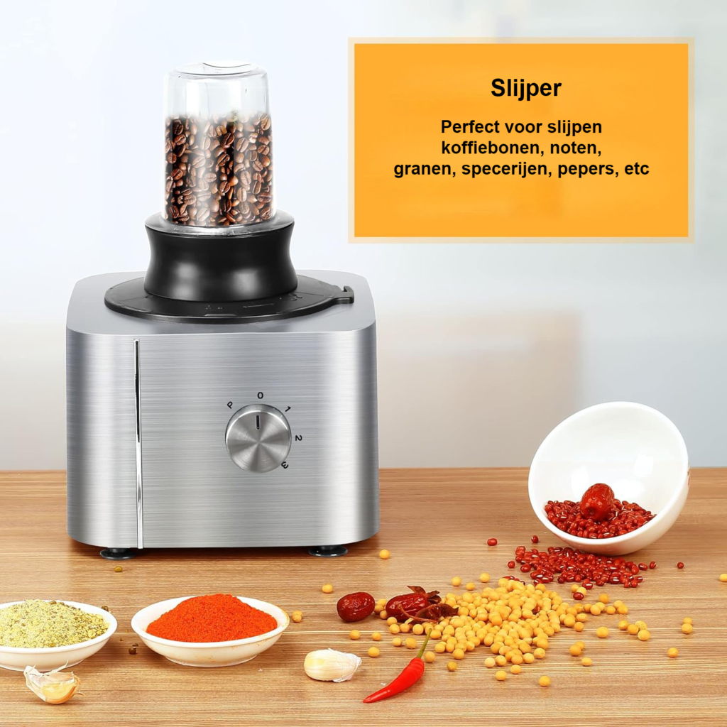 Compacte foodprocessor met diverse snijbladen en kneedhaak voor efficiënte voedselbereiding
