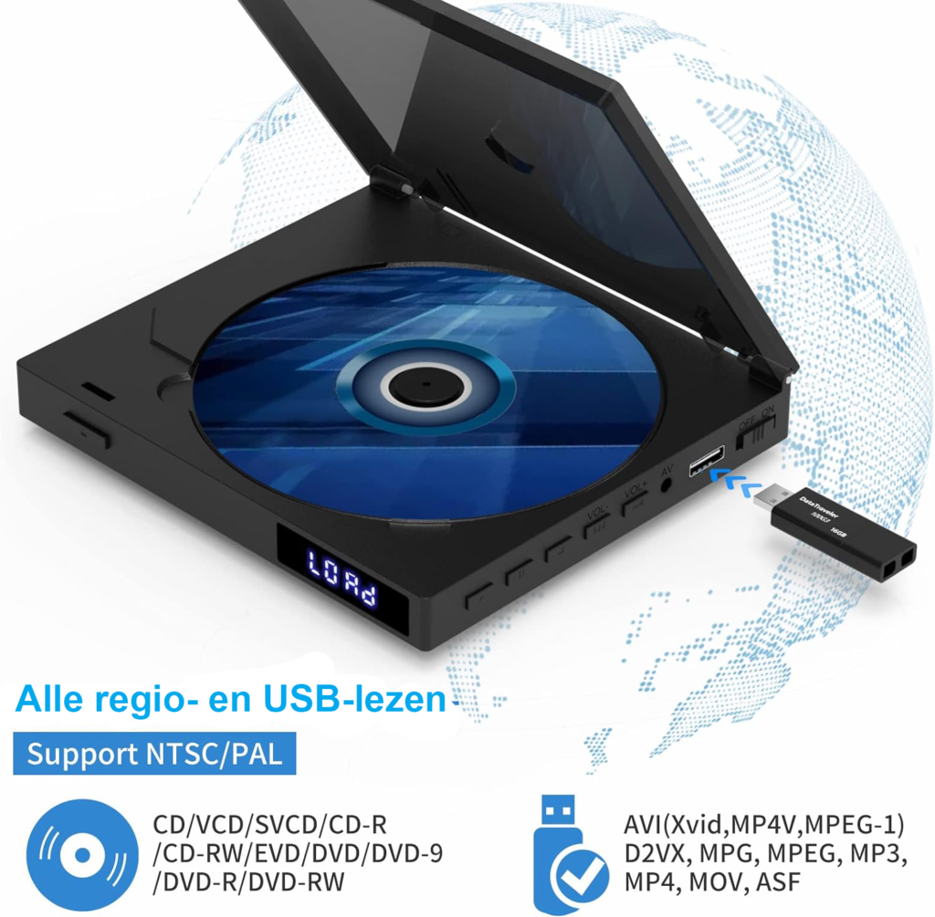 Draagbare DVD speler met 10,1 inch scherm, oplaadbare batterij en ingebouwde luidsprekers