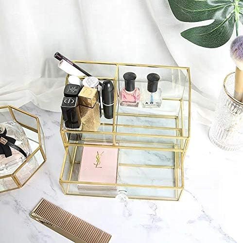 Make-up organizer met lades in goud voor cosmetica, huidverzorging en beautyproducten op kaptafel of in de badkamer