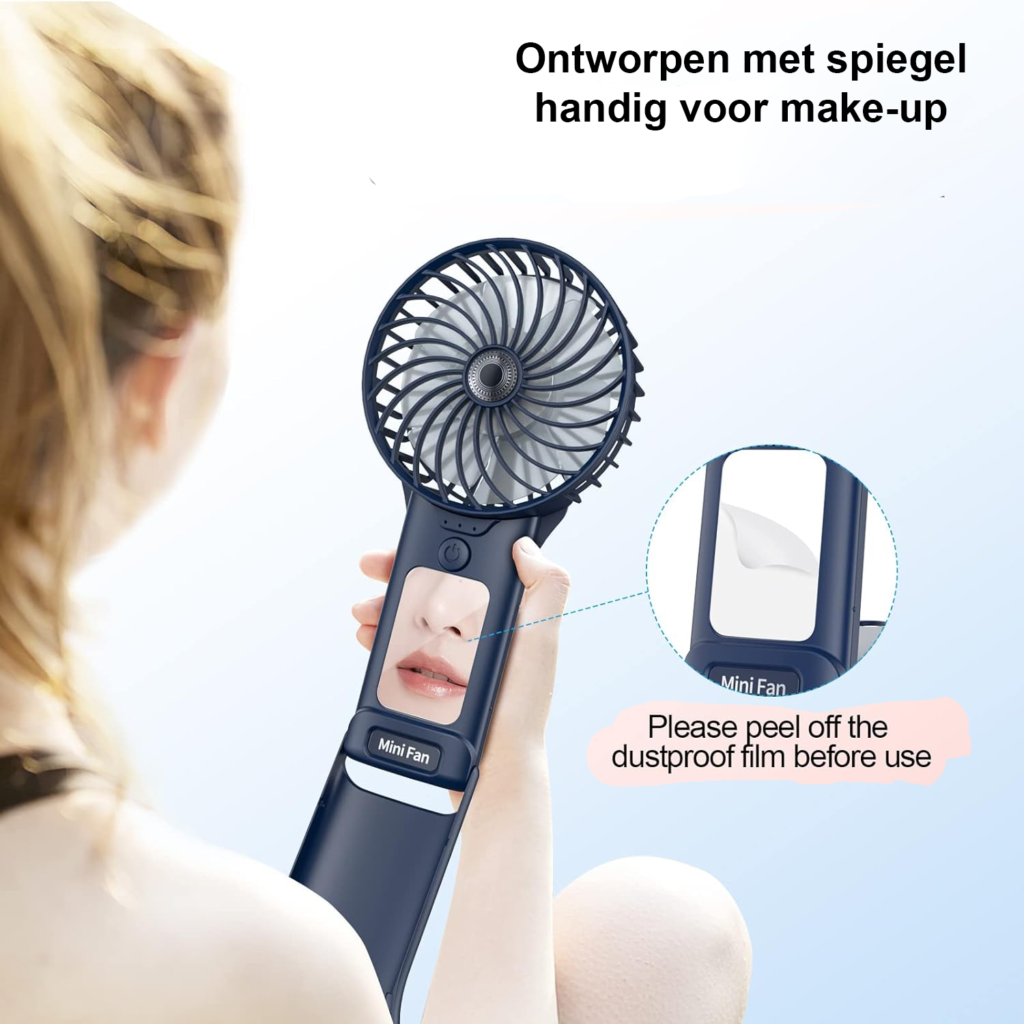 Mini draagbare handventilator met spiegel, USB-oplaadbaar, 4 snelheden en 2000 mAh batterij, lichtblauw