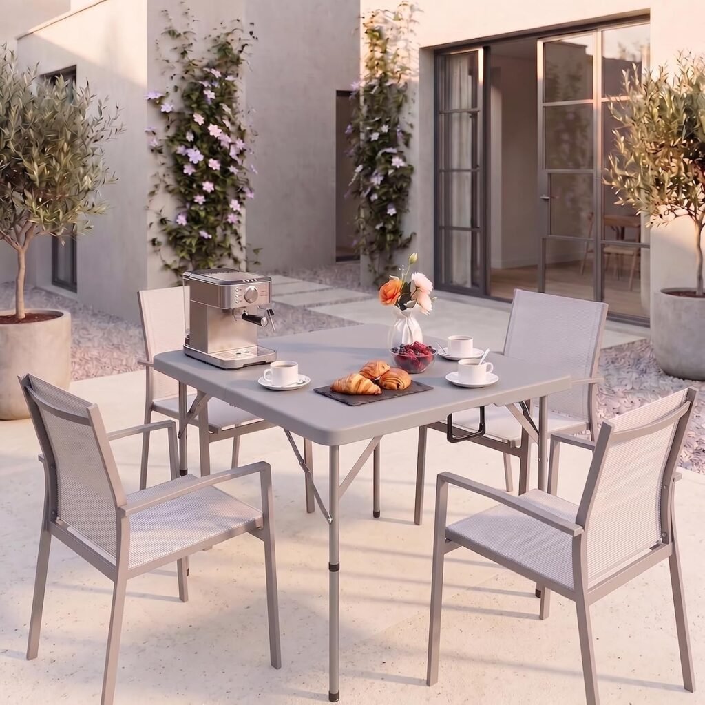 Opvouwbare grijze campingtafel 87 cm met handvat voor tuin, BBQ en binnen- en buitengebruik