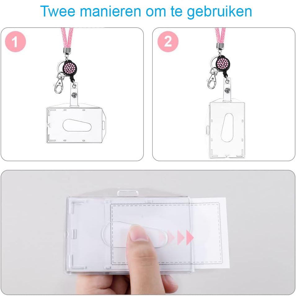 Roze ID-houder met lanyard en sleutelhanger voor ID-kaarten en sleutels