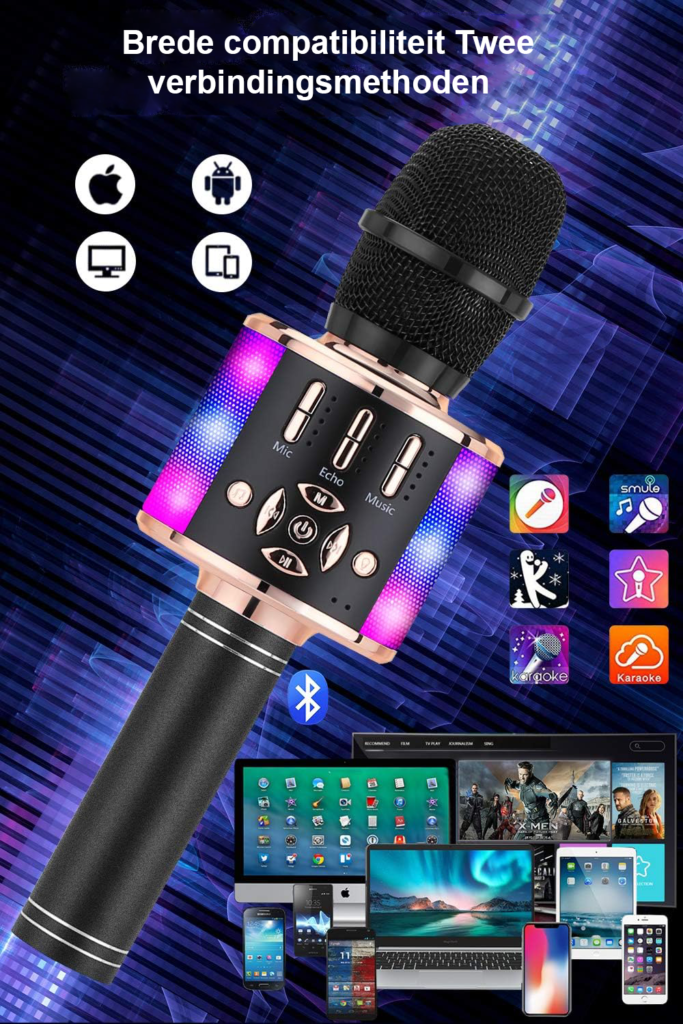 Bluetooth karaoke microfoon met LED-verlichting en ingebouwde speakers voor smartphones en tablets