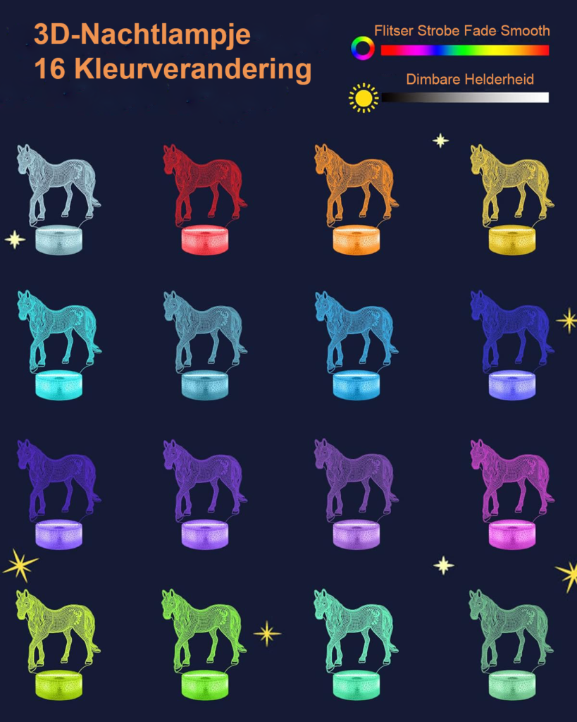 3D illusie nachtlamp met paardenmotief, afstandsbediening en kleurverandering
