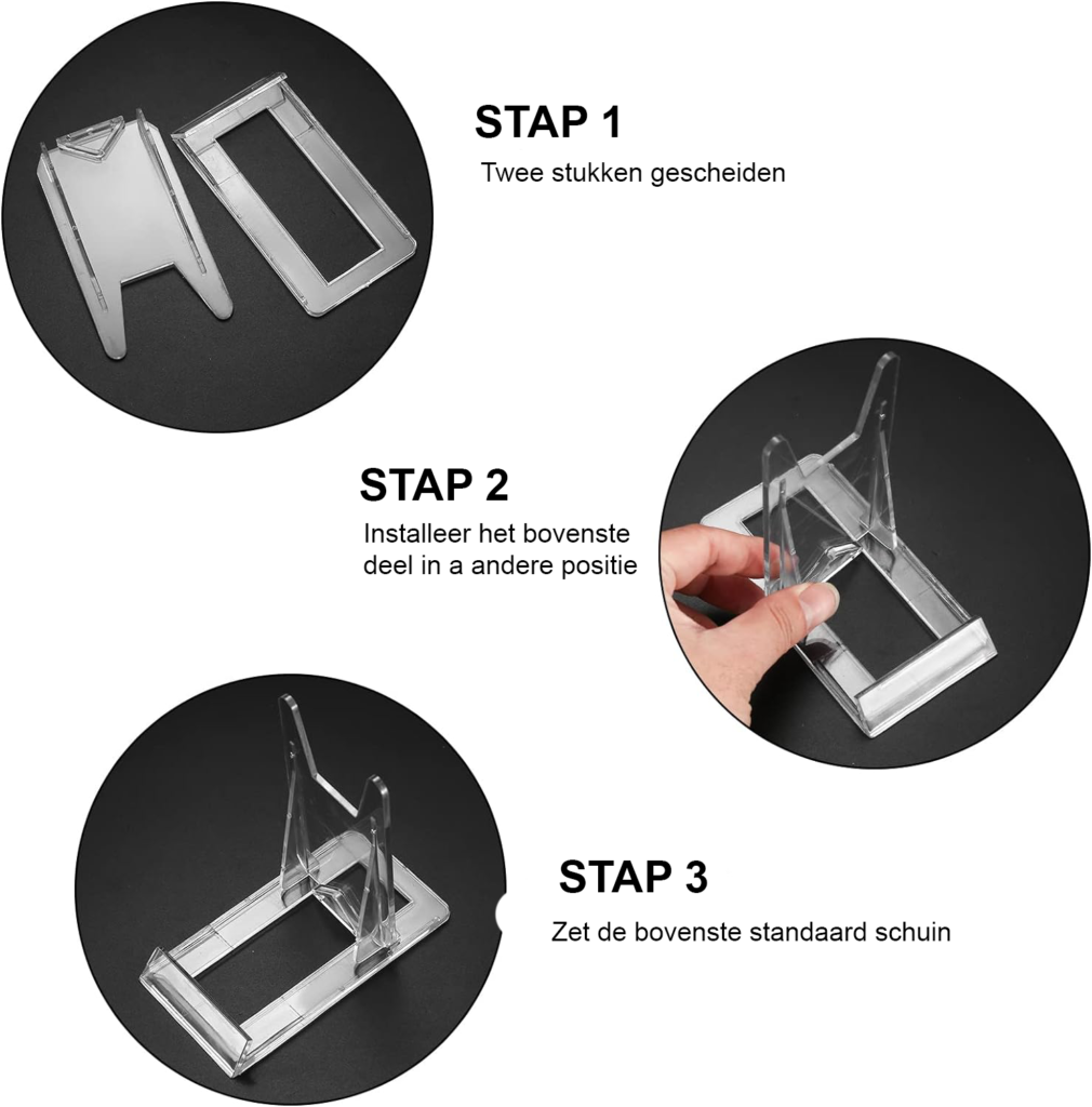 Transparante plaatshouders set van 8 kunststof displaystandaards voor decoratie en presentatie