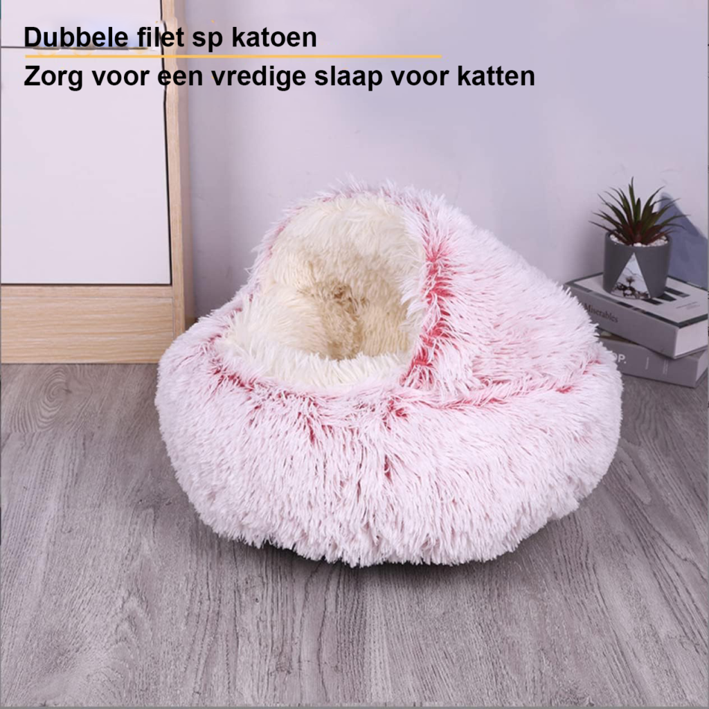 Roze pluche donut kattenbed met antislip bodem voor kleine en middelgrote huisdieren