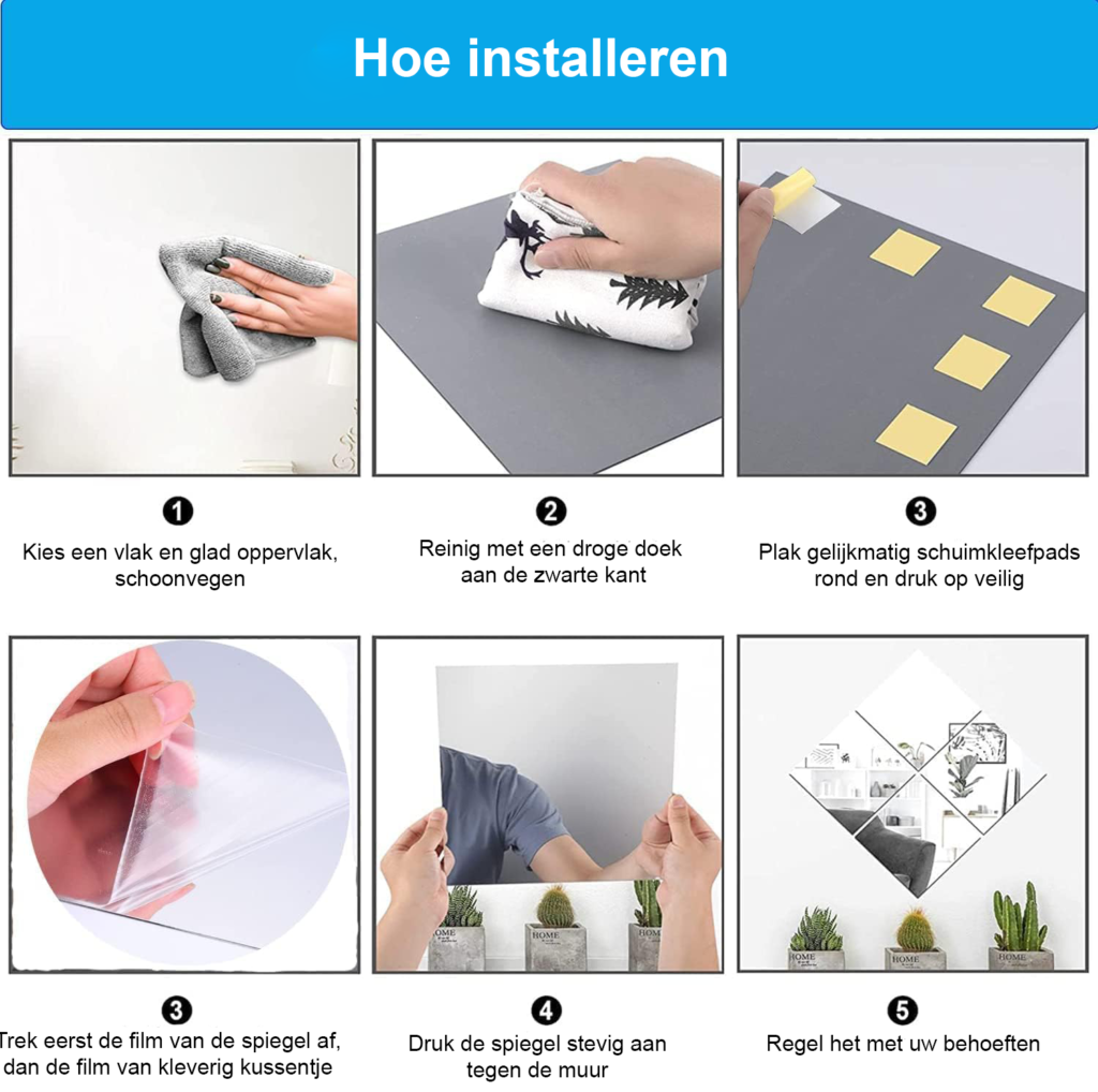Zelfklevende rechthoekige spiegeltegels voor moderne wanddecoratie met hoogglans reflectie