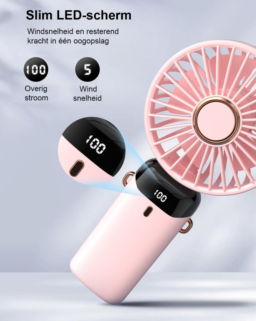 Roze handventilator met spiegel en USB-oplaadfunctie