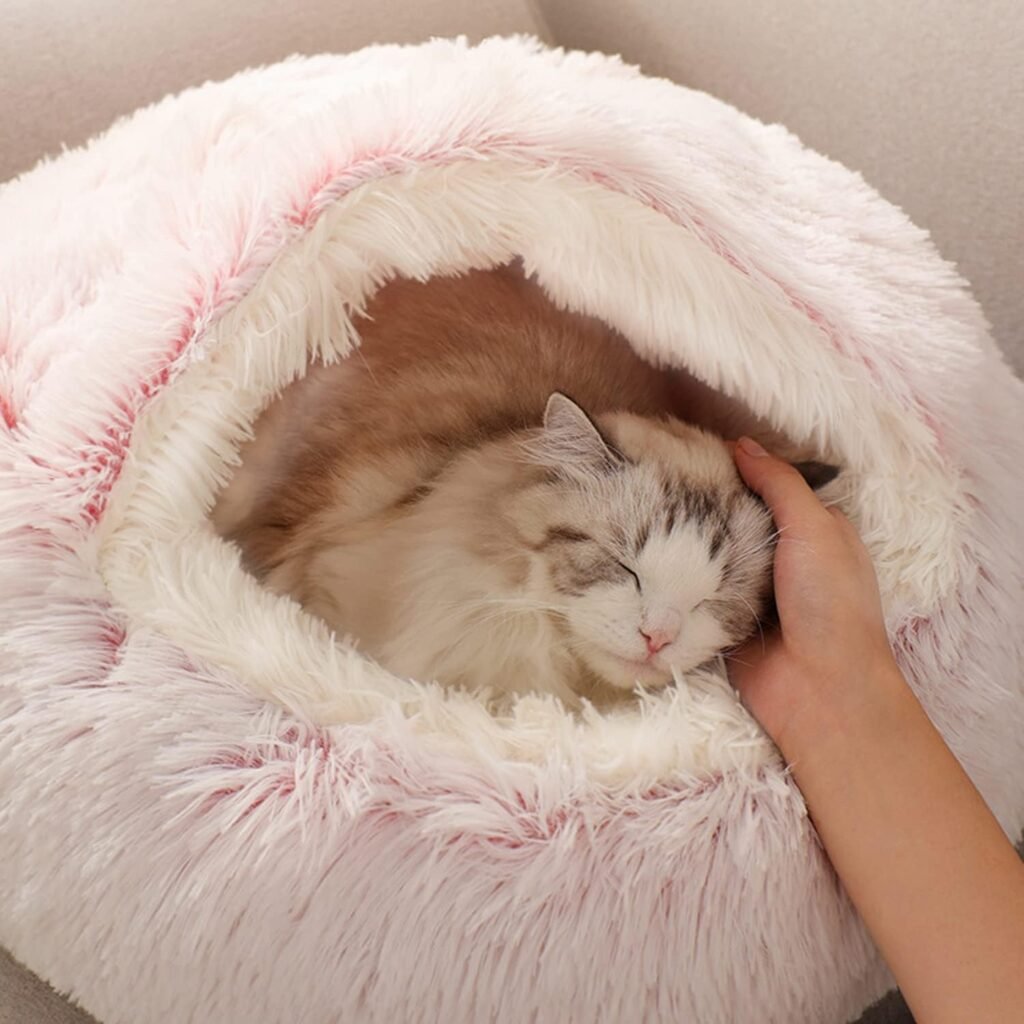 Roze pluche donut kattenbed met antislip bodem voor kleine en middelgrote huisdieren