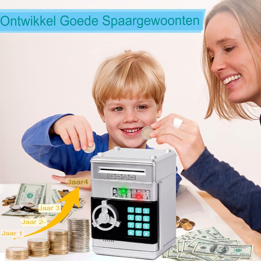 Kinder geldkluis met wachtwoord, elektronische spaarpot voor kinderen, zilver, 3-12 jaar