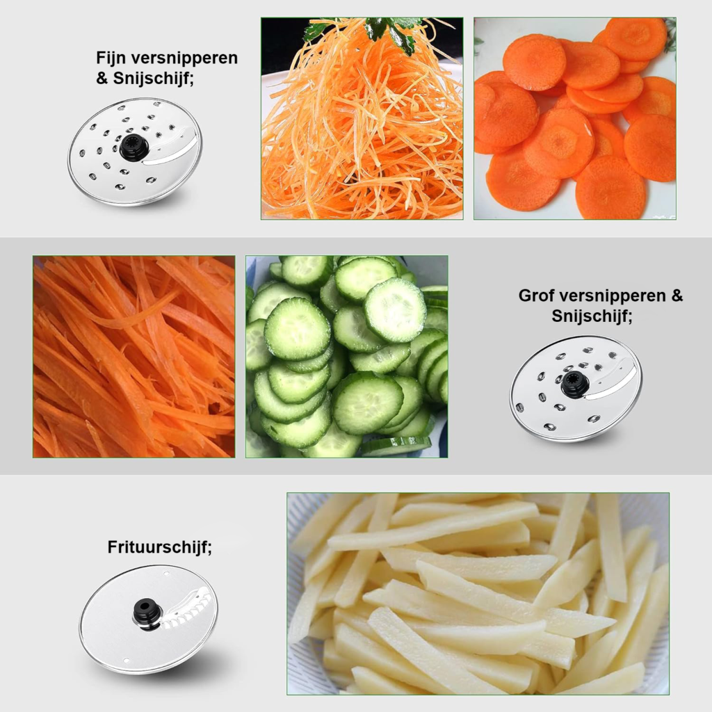 Compacte foodprocessor met diverse snijbladen en kneedhaak voor efficiënte voedselbereiding