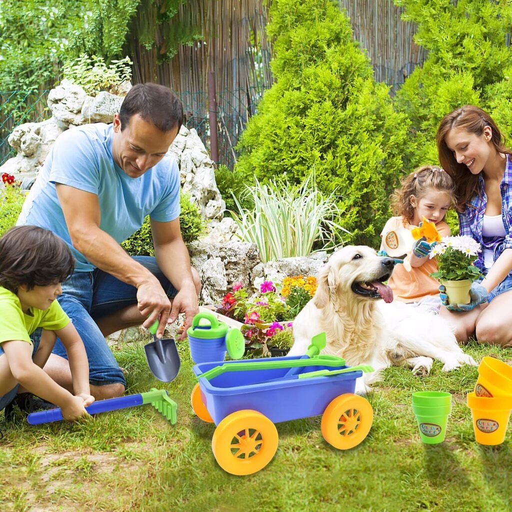Kinderkruiwagen speelset met tuingereedschap, 10 accessoires en 4 plantenpotten voor kinderen