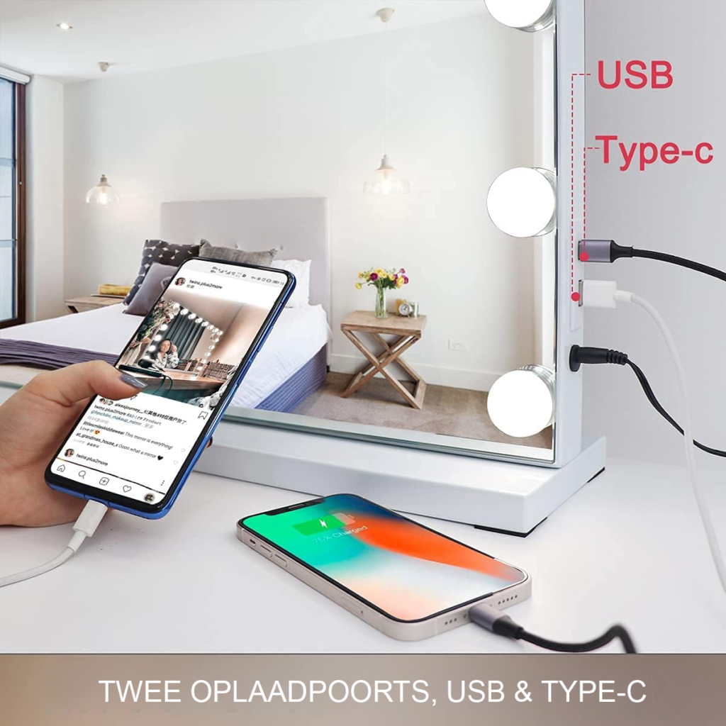 Make-upspiegel met verlichting en USB-oplaadfunctie in Hollywood-stijl