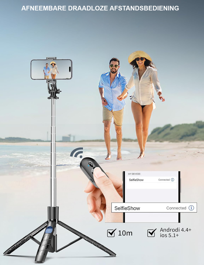 Verstelbaar statief met afstandsbediening voor camera en smartphone, 180 cm, universele houder