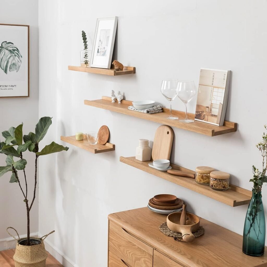 Zwevende houten wandplank in naturel kleur voor woonkamer of slaapkamer, geschikt voor wandmontage