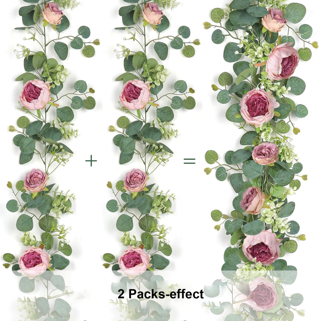 Set van 2 kunstbloemenkransen met eucalyptus, roze pioenrozen en rozen voor bruiloft en feestdecoratie
