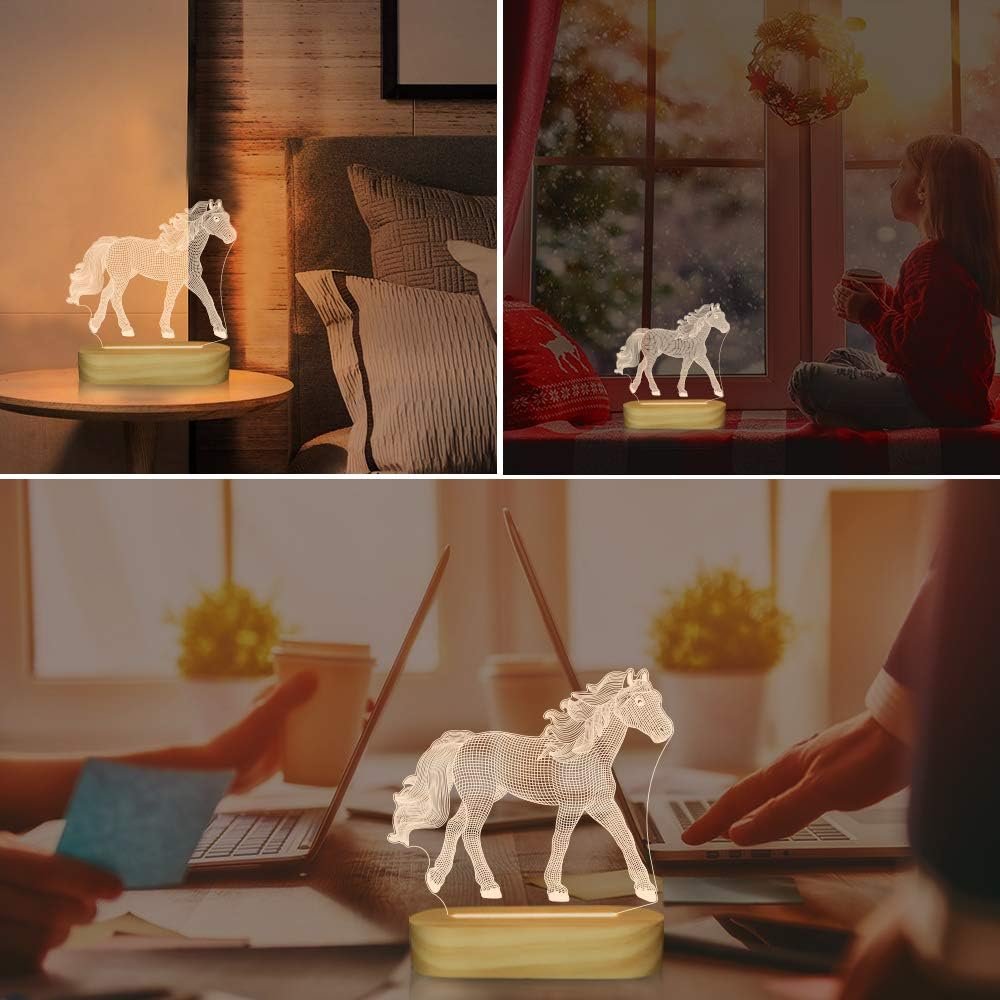 3D illusie paard nachtlampje met warmwit LED-licht voor slaapkamerdecoratie