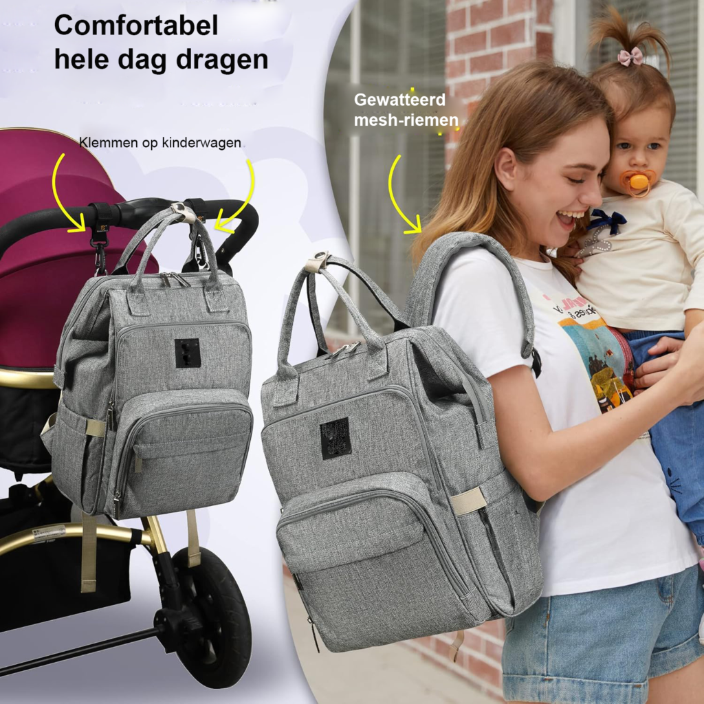 Baby luiertas rugzak zwart met luierveld, waterafstotende verzorgingstas voor onderweg