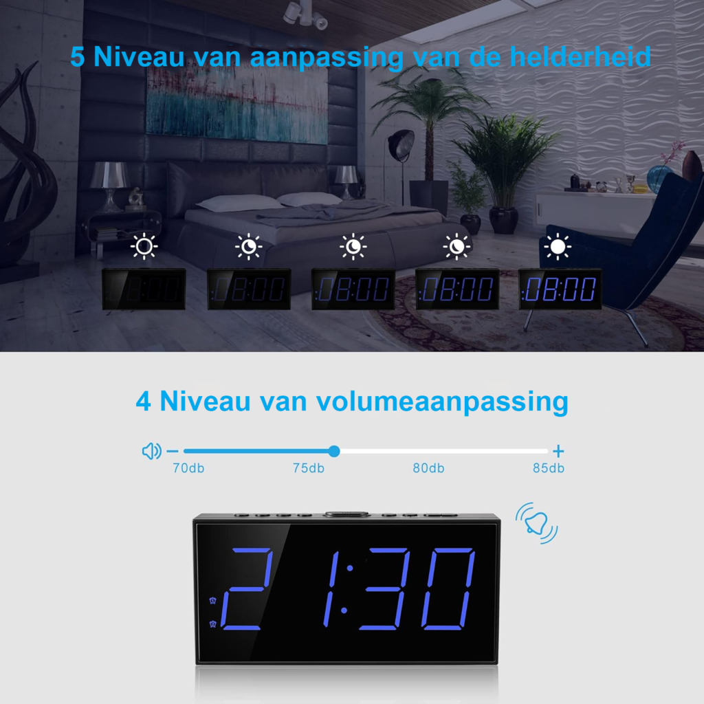 Digitale LED wekker met instelbare helderheid en oplaadfunctie
