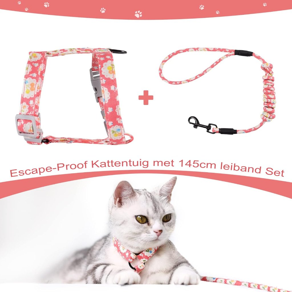 Verstelbaar roze kattenharnas met touwlijn en reflecterende strips, maat S