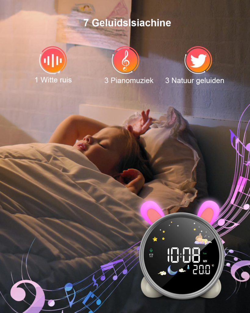 Kinderwekker met slaaptrainer, snooze-functie en instelbare helderheid, batterijvoeding