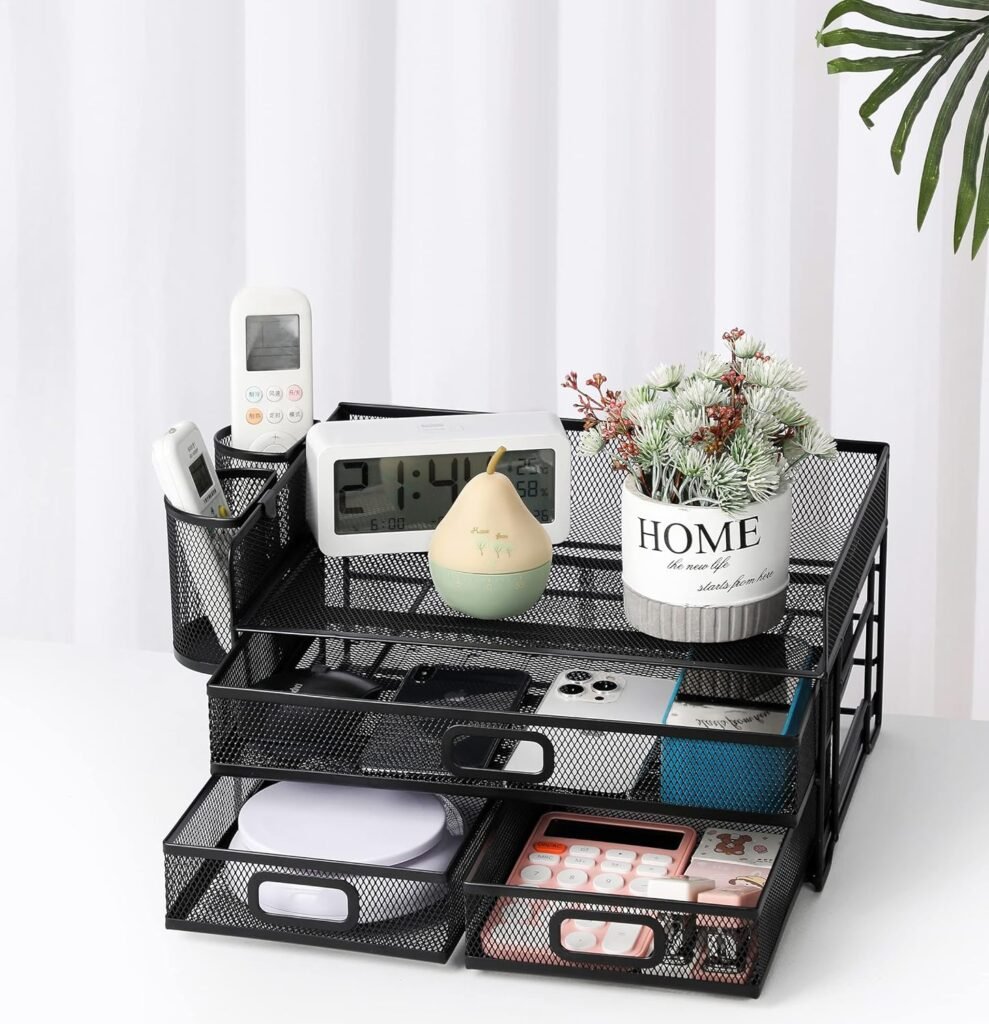 Desktop organizer zwart met meerdere vakken voor documenten en kantoorbenodigdheden